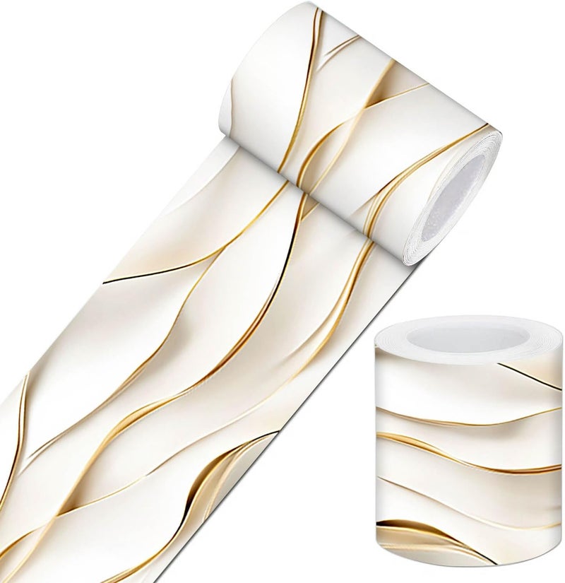 IVN Wallpaper Border Ivory Gold Folded Wave Paper Art Pattern Design 4x196 Inch Peel and Stick Wallpaper Border for Mirror Frame Bathroom Laundry Room Pool Area Living Room Wall Decor - Image 1